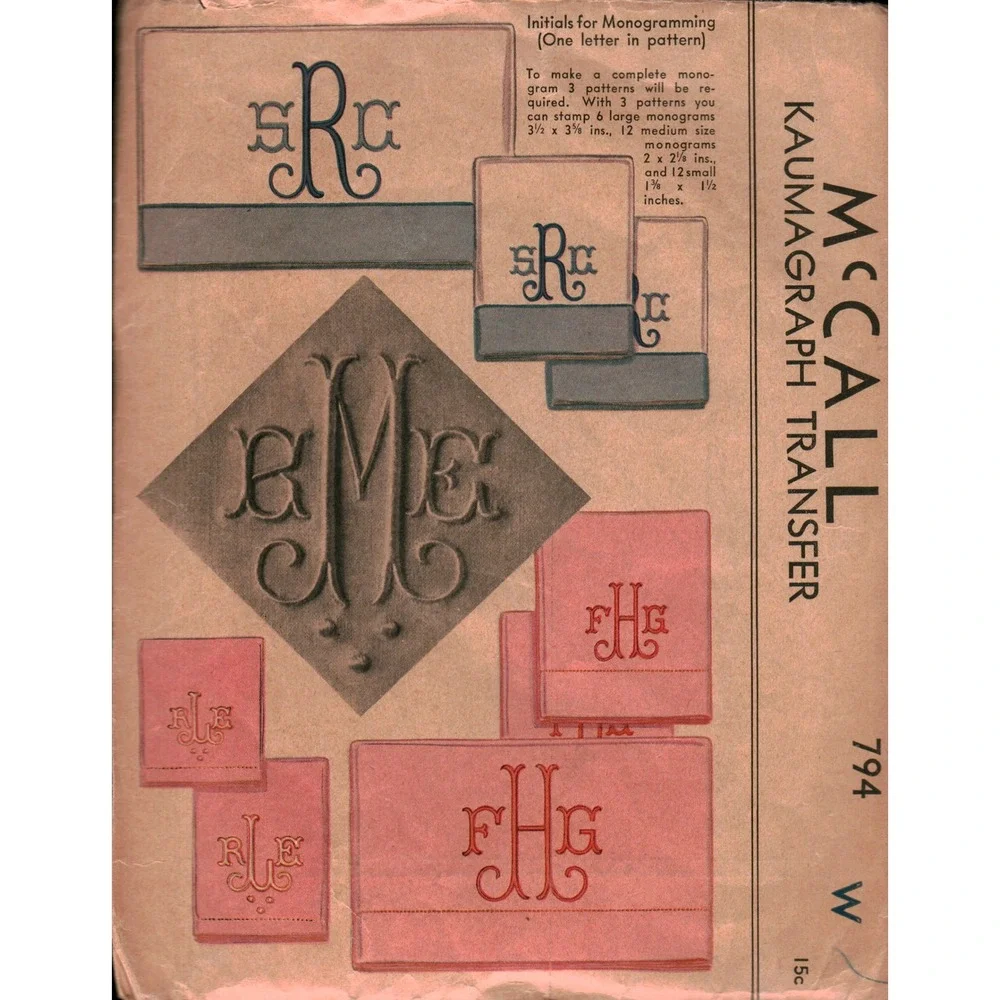 Vtg McCall 794 Kaumagraph Transfer‎ Monogram Initials Embroidery Pattern Script